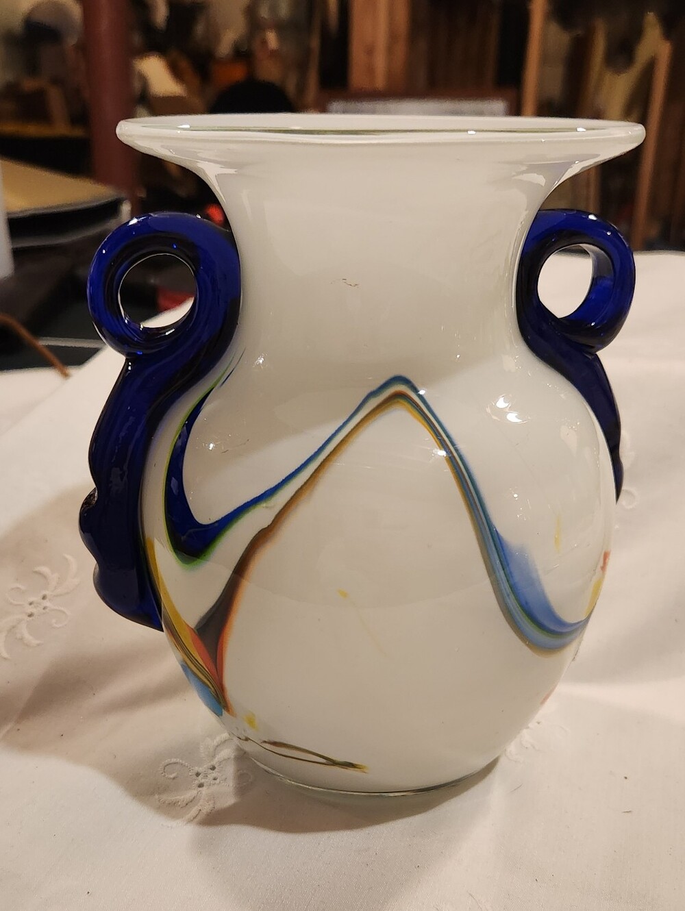 Vintage Glass Vase Milk Glass Crystal Overlay End of Day 1960s Great Condition